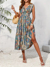 Smocked Printed Surplice Sleeveless Midi Dress OutfitFlow
